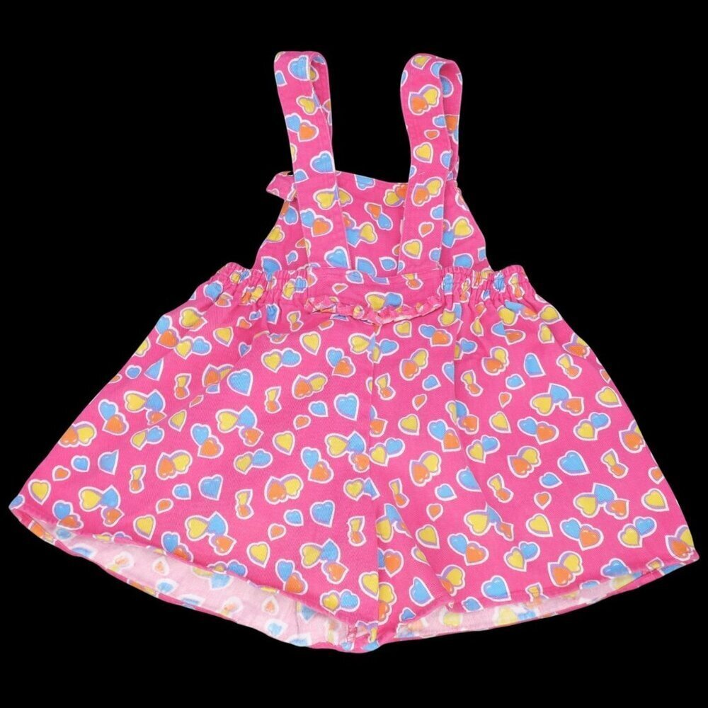 Vintage 90s O-Girl Bib Shorts Overalls Pink Multicolor Hearts Cotton Girl's Sz 6